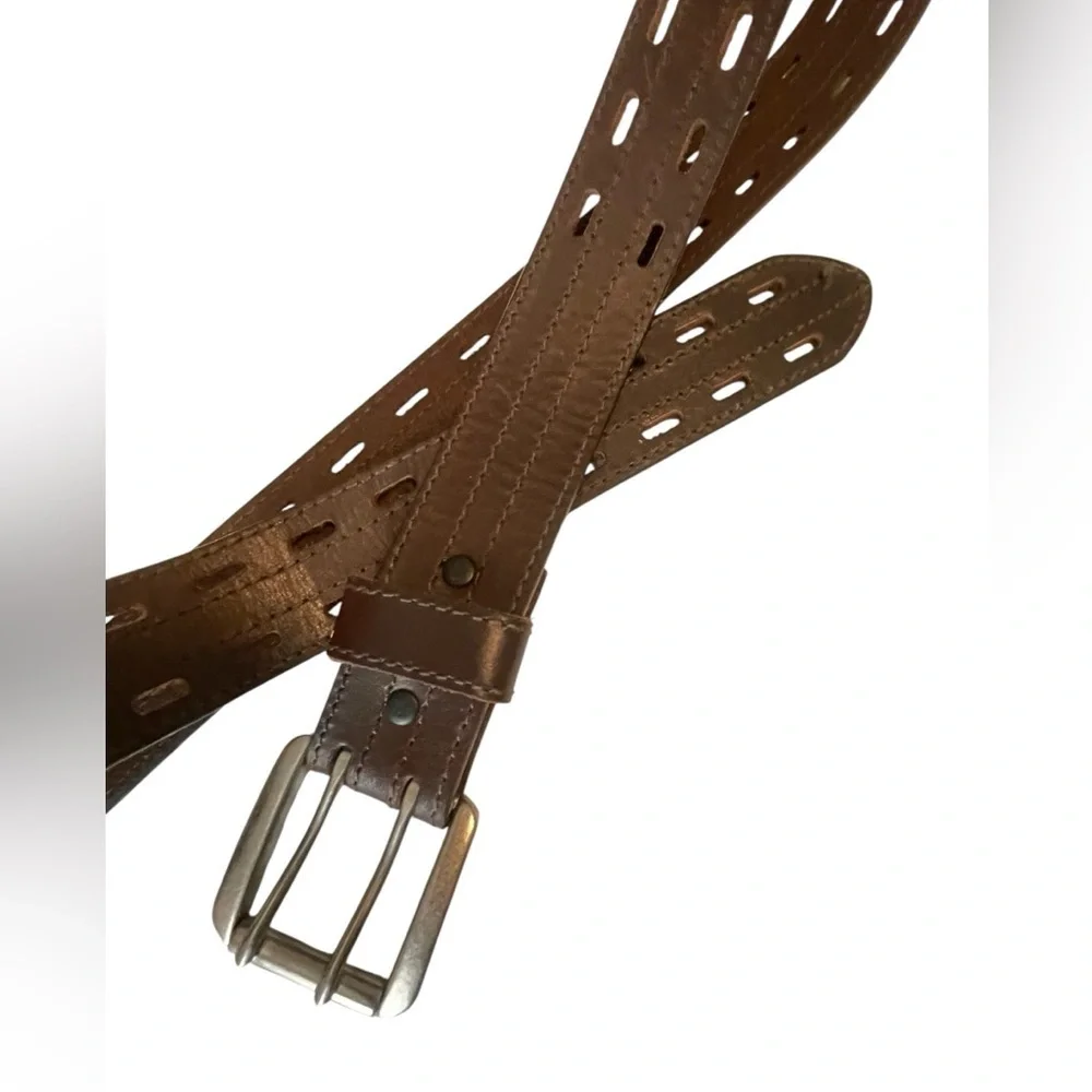 VTG 70s Brown Leather Belt Double Prong Silver Roller Buckle Adjustable Hippie